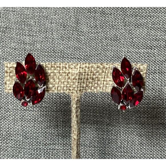 Vintage Earrings Crystal Glass Red Wine Clips Clip Ons Silver Tone Estate - Picture 11 of 15